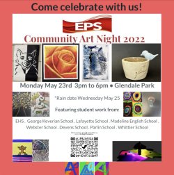 A flyer with small images of student art work, sculptures, and photographs